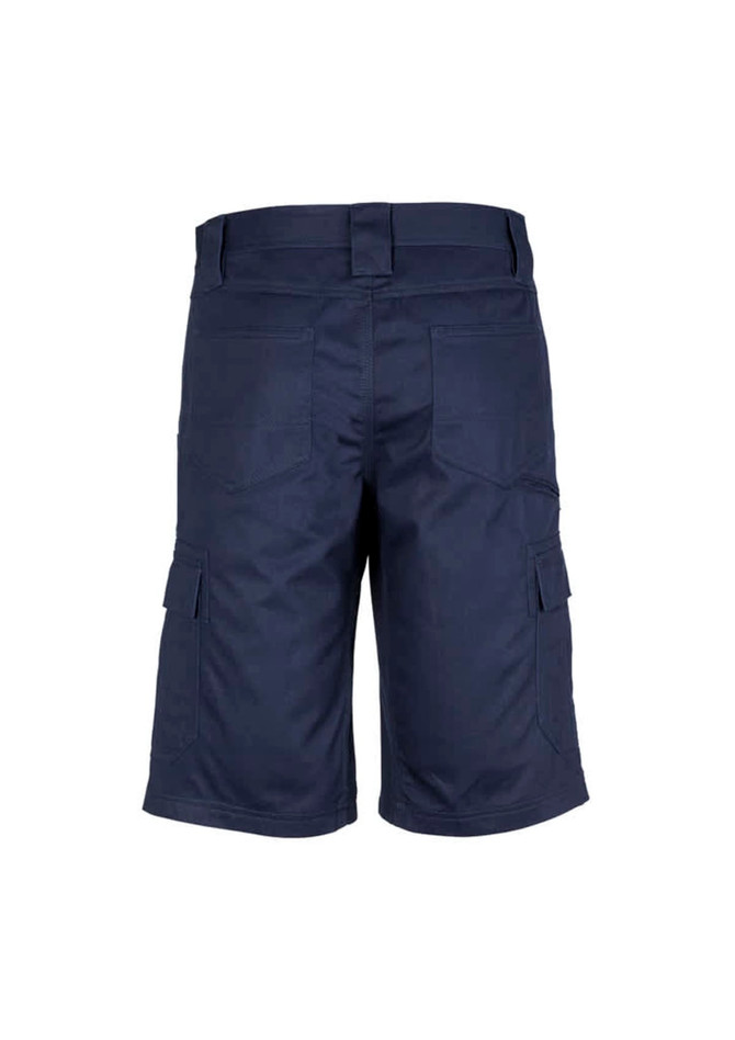 Navy midweight drill cargo shorts featuring multiple pockets and a logo on the fabric.