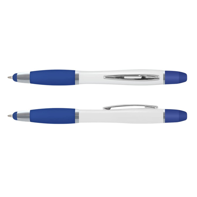 A multi-function pen with a white body and blue rubber grips, featuring a silver clip and accents.