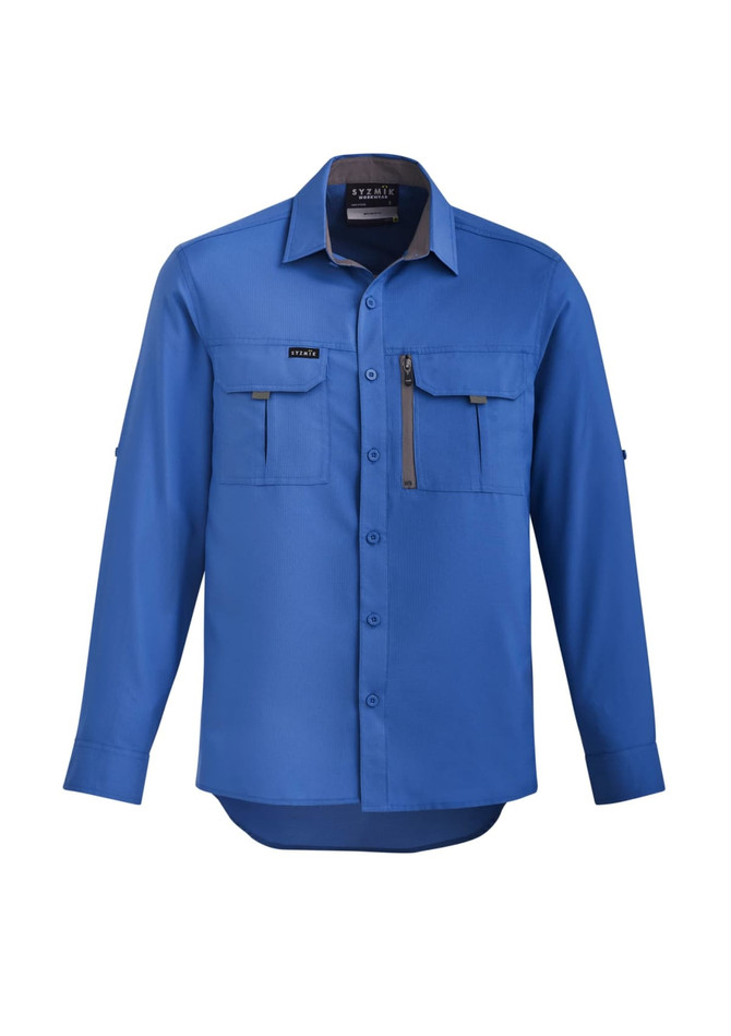 A blue long sleeve button-up shirt with two chest pockets and a logo, featuring a grey collar.