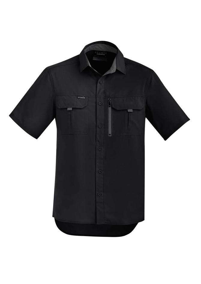 A black men's short sleeve button-up shirt featuring two front pockets and a zippered pocket, with a logo.