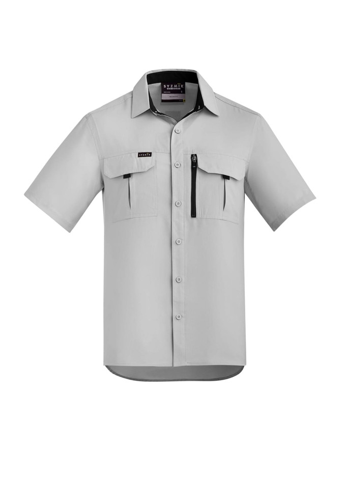 A light grey short sleeve button-up shirt with two chest pockets and a zip pocket, featuring a logo.