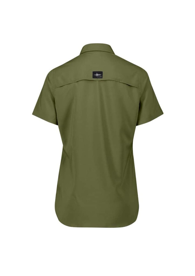 A women's short sleeve shirt in olive green, featuring a logo on the back.