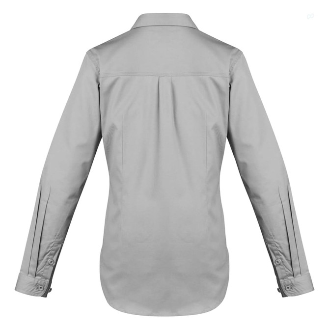A grey women's lightweight long sleeve work shirt with a collar and buttoned cuffs. It features a logo on the back.