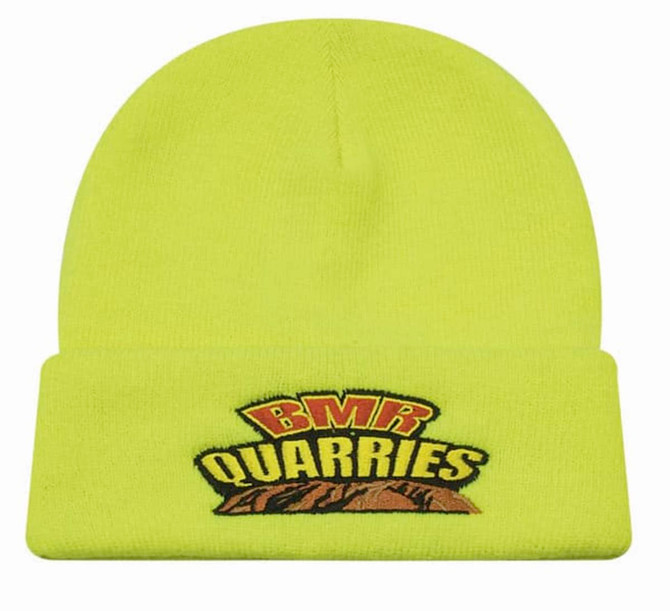 A luminescent yellow acrylic beanie with a folded cuff, featuring a logo on the front.