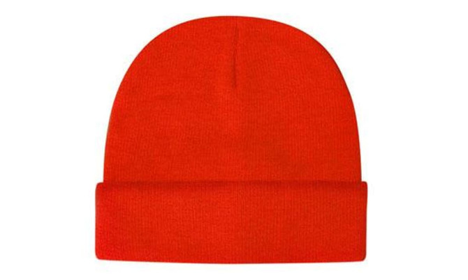 A bright red acrylic beanie with a folded cuff and a smooth finish, featuring a logo.