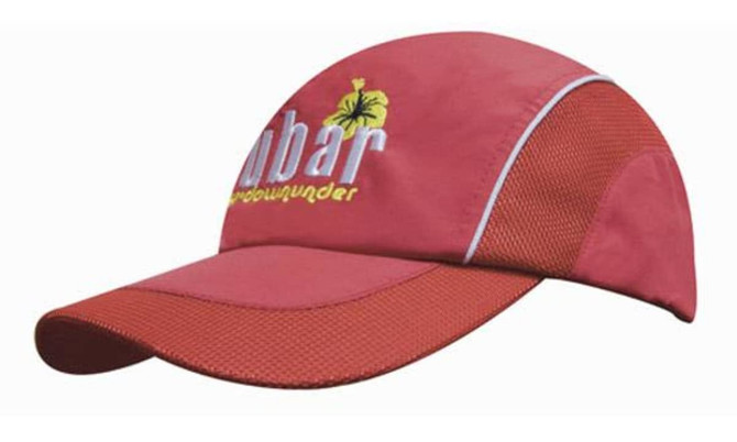 A red cap featuring woven fabric with mesh side panels and a peak, including a logo.