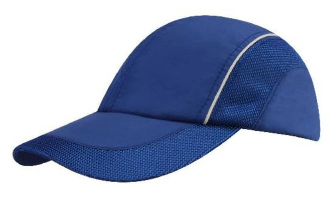 A blue cap with woven fabric and mesh side panels, featuring a structured peak and a logo.