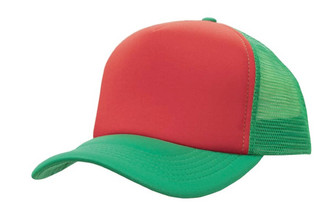 A red and green Truckers Mesh Cap featuring a solid front and mesh back, with a branded logo.