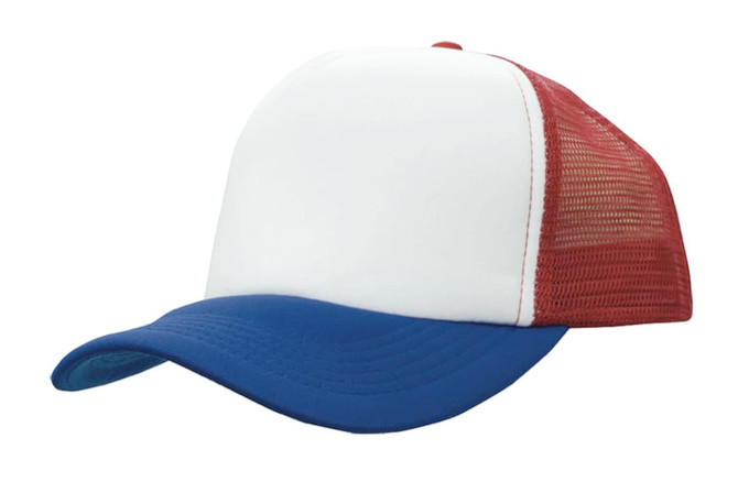 A truckers mesh cap featuring a white front, red mesh sides, and a blue brim. It includes branding details.