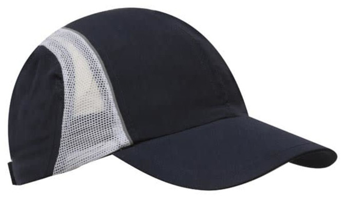 A black sports cap featuring a mesh panel and reflective trim, designed for headwear. Includes a logo.