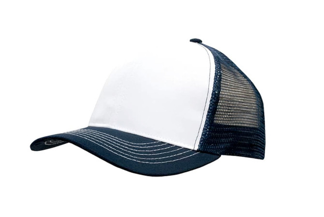 A white and navy breathable cap with a mesh back, featuring a logo on the front.