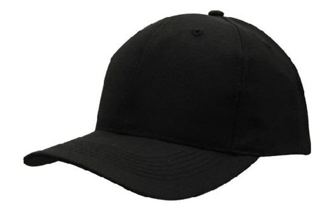 A black recycled breathable poly twill cap with a curved peak and an adjustable strap, featuring a logo.