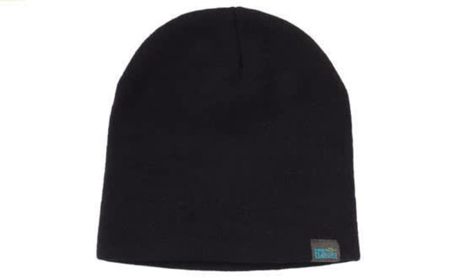 A black beanie with a logo tag, featuring a roll-down style, made from recycled materials.