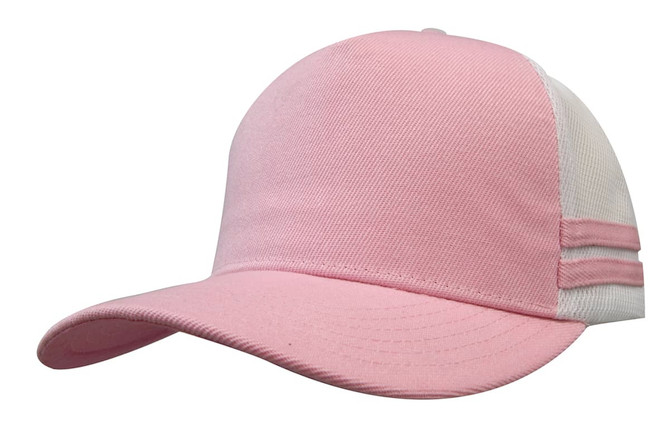 A pink twill and mesh trucker cap featuring striped details and a structured fit. It has a logo on the front.