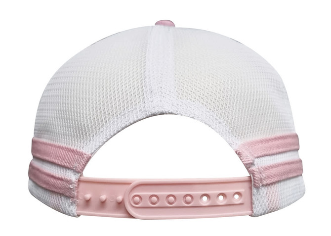 A deep fit trucker cap featuring a white mesh design with pink stripes and an adjustable pink strap at the back.