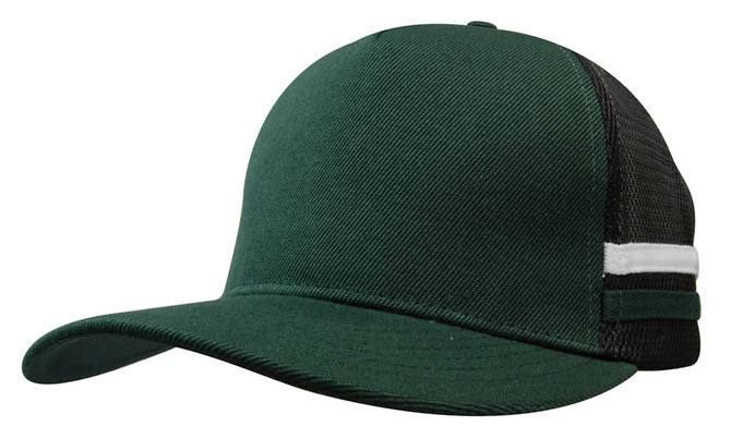 A deep fit trucker cap with green fabric and black mesh, featuring two white stripes on the side.
