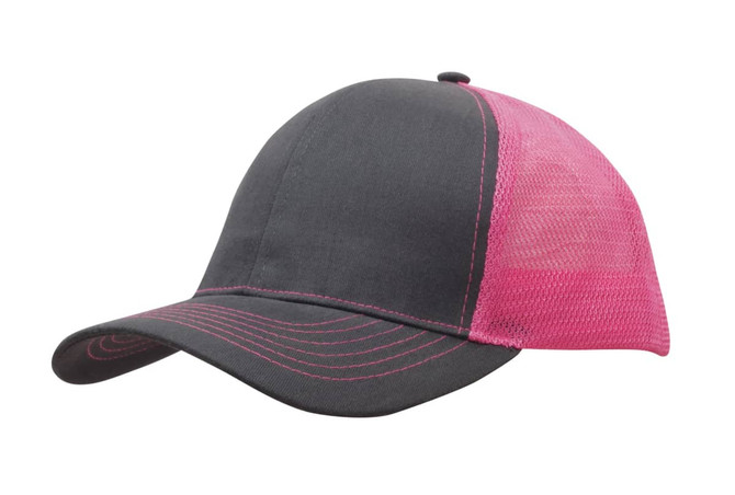 A black and pink cap with a mesh back and contrasting stitching, featuring a logo on the front.