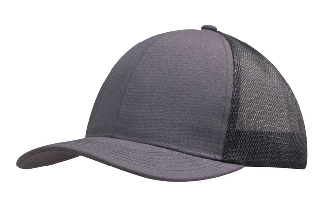 A grey cap featuring a brushed cotton front and a mesh back, equipped with a curved brim. It includes a logo.