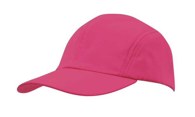A pink sports cap with a curved brim and an internal towelling sweatband, featuring a logo.