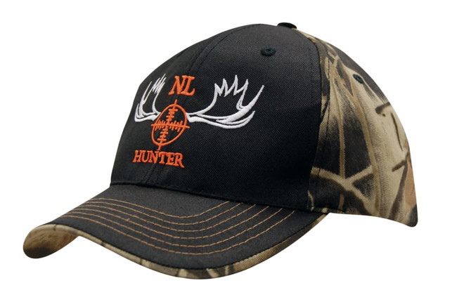 A black and camouflage cap featuring a logo with antlers and the word "HUNTER" in orange.