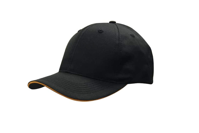 A black cap with a sandwich visor design and a logo on the front. Suitable for headwear.