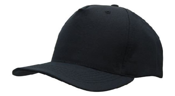 A black breathable poly twill cap with a structured crown and a curved brim, featuring a logo on the side.