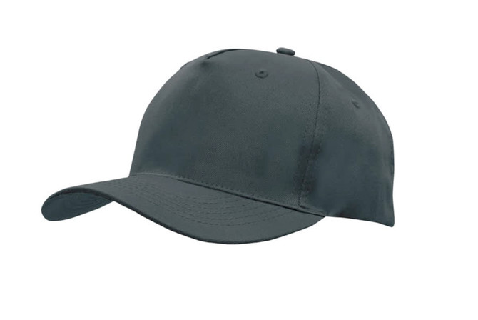 A dark grey cap made from breathable poly twill, featuring a curved brim and a structured design.
