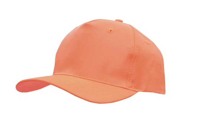 An orange breathable poly twill cap featuring a curved brim and a logo on the side.