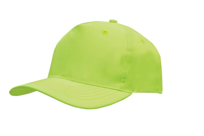 A neon green cap made from breathable poly twill, featuring a curved brim and an adjustable strap at the back.