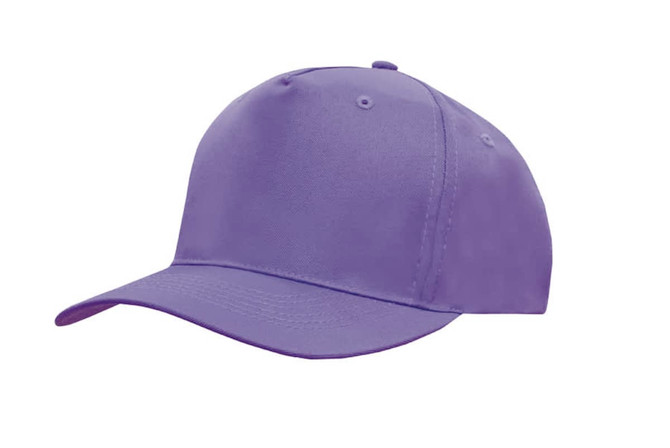 A purple breathable poly twill cap featuring a curved peak and an adjustable strap, with a logo on the side.