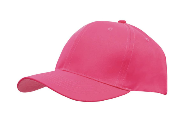 A pink breathable poly twill cap featuring a curved brim and a logo on the front.