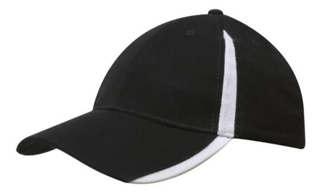 A black cotton cap featuring white inserts on the peak and crown, with a logo on the front.