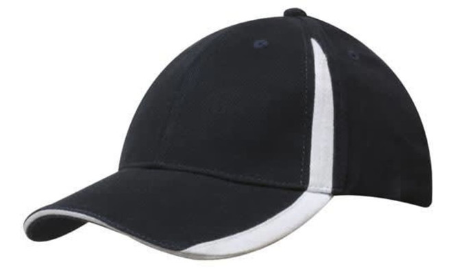 A black cap with white inserts on the peak and crown, featuring an adjustable strap and logo.