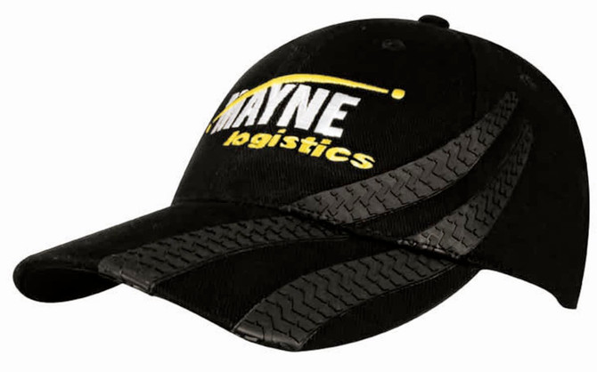 A black cap featuring tyre track designs and a logo on the front, made from heavy cotton material.