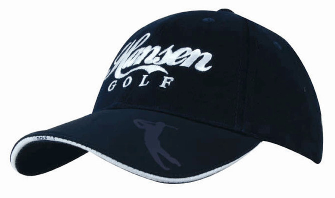 A navy blue cap with an embossed peak and a logo, featuring white lettering for branding.