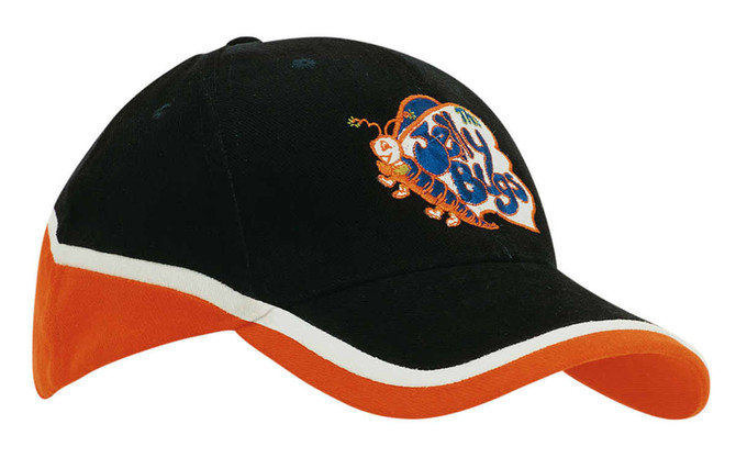 A tri-coloured cap featuring a black body, orange peak, and white detailing, with a logo on the front.