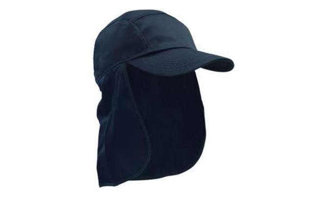 A navy blue cap with a wide flap at the back, featuring a logo on the front.