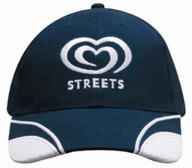 A navy cap featuring mesh inserts on the peak and a logo on the front.