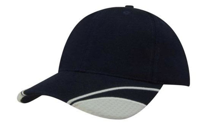A navy cap with a mesh insert on the peak and a logo feature. Ideal for casual wear or outdoor activities.