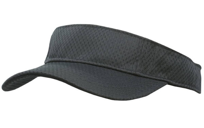 A black sports mesh visor with a wide brim and textured fabric, featuring a logo on the front.
