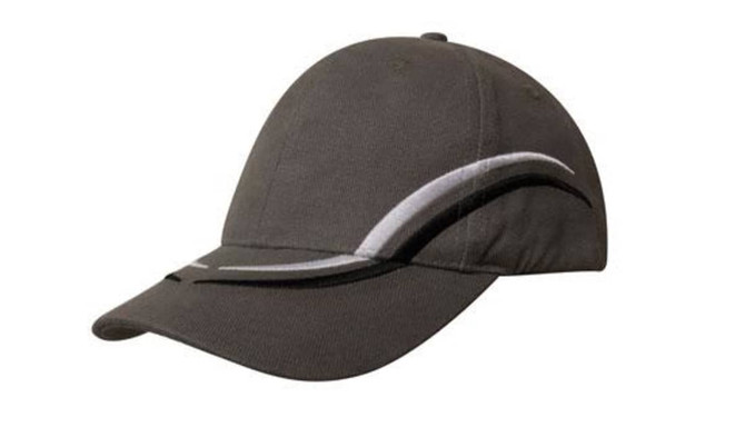 A dark grey cap featuring curved embroidery on the crown and peak, with a logo present.