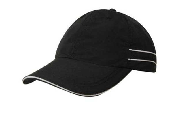 A black microfibre sports cap featuring white piping, with a soft visor and an adjustable strap at the back.
