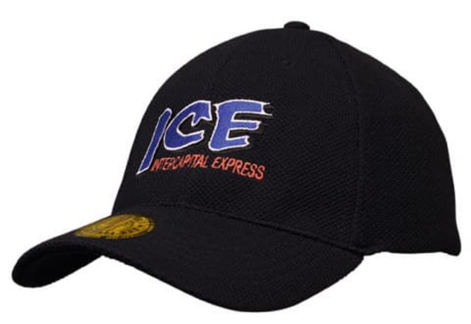 A black cap with a structured design and an embroidered logo featuring blue and red text.