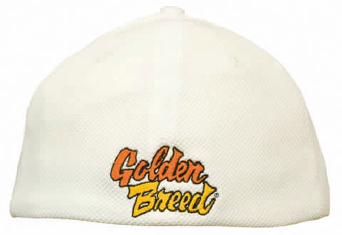 A white cap with a logo on the front, featuring a mesh design and a fitted style.