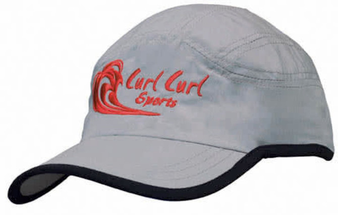 A grey microfibre sports cap with a black trim on the edge of the crown and peak, featuring a logo.
