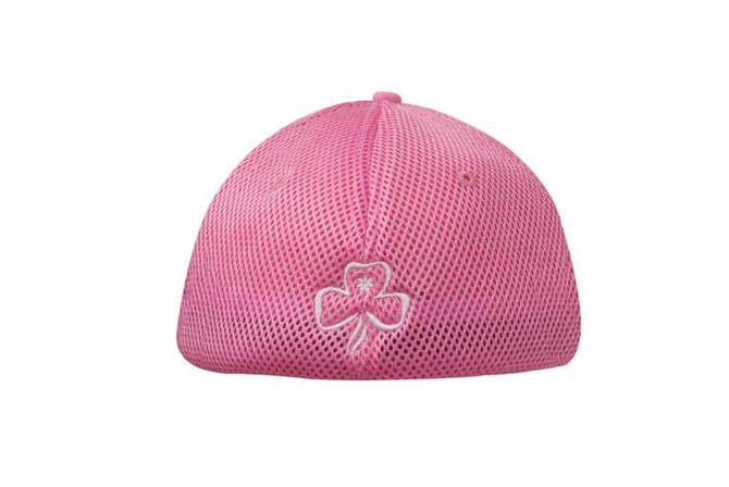 A pink sandwich mesh cap featuring a decorative logo and a breathable design.