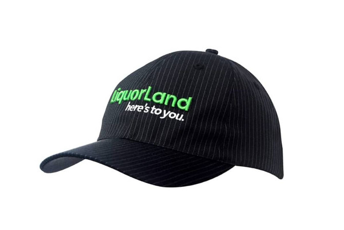 A black cotton cap with a woven pinstripe design and a logo on the front.