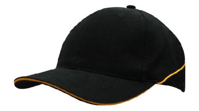 A black cap with crown piping and a sandwich brim, featuring a logo on the front.