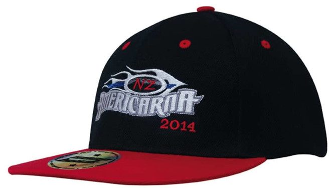 A black and red premium twill cap with a snap back and a logo on the front.