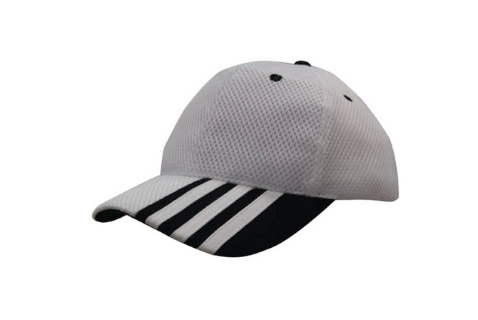 A white mesh cap featuring a black striped peak and a logo on the front.